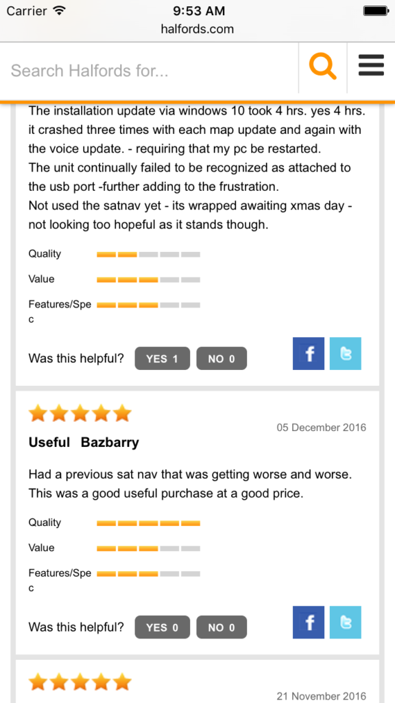 Halfords.com: Asking whether a customer review was helpful